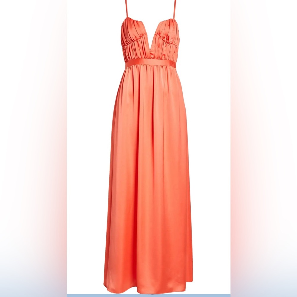 Ramy Brook Plunge Neck Satin Maxi Gown Ruched Sleeveless Coral Red Size 2 NWT